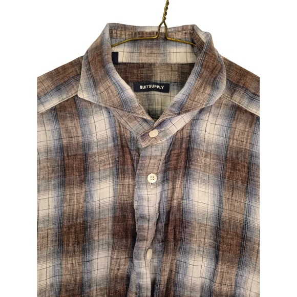 Suitsupply Other - Suitsupply Brown Blue Plaid Dress Shirt Cotonificio Albini Linen Mens 15.5